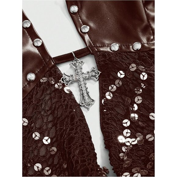 Women's Plain Brown Gothic Grunge PU Leather Sparkly Halter V Neck Vest Crop Top - Picture 4 of 4